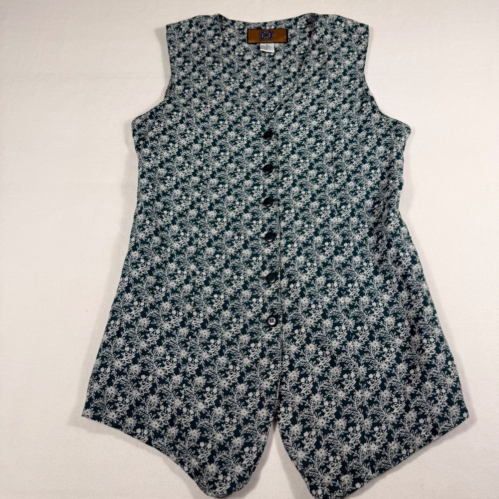 Baccini Vest M Teal Green White Floral Vine Button Front Rayon Lined V-Neck 90s